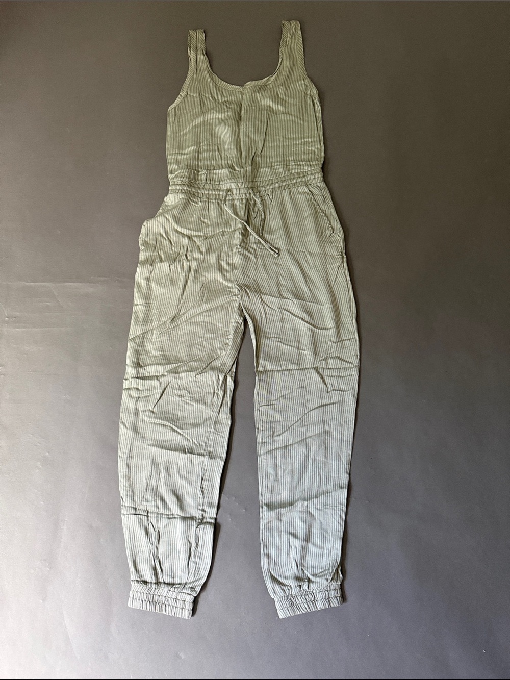 NWT Sleeveless Striped Jumpsuit in Olive Green